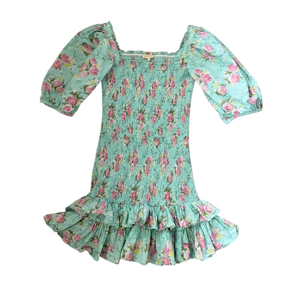 BYTIMO Dropped Waist Camelia Shirred Floral-print Cotton Mini Dress Turquoise M - Picture 6 of 12